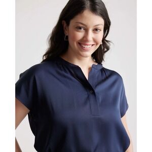 Quince Women Washable Stretch Silk Dolman Sleeve Blouse Blue L